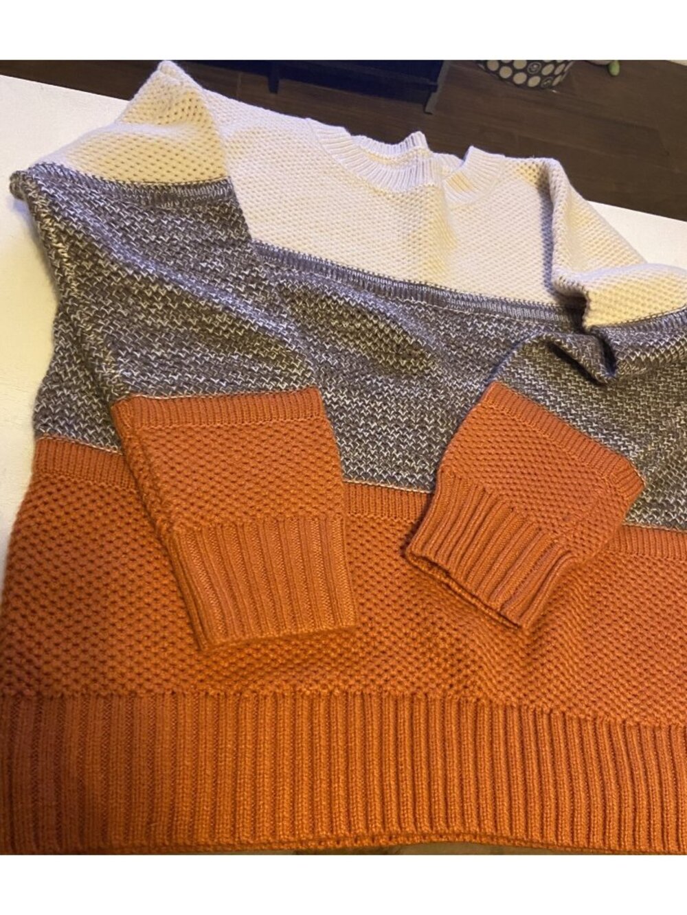 Colorblock Knit Beige Gray Orange Long Sleeve Pullover Sweater Women, Size S